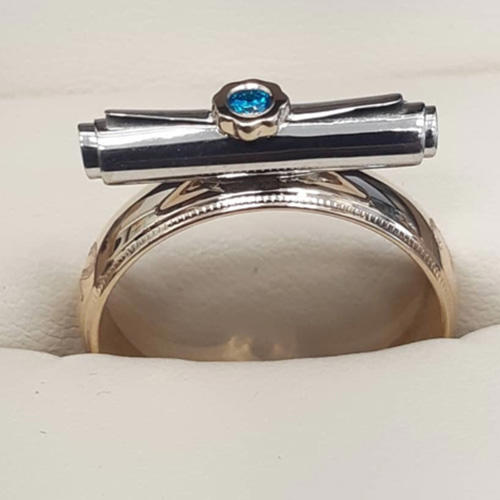 14kt Yellow and White Gold Graduation Scroll Custom Ring with Blue Topaz