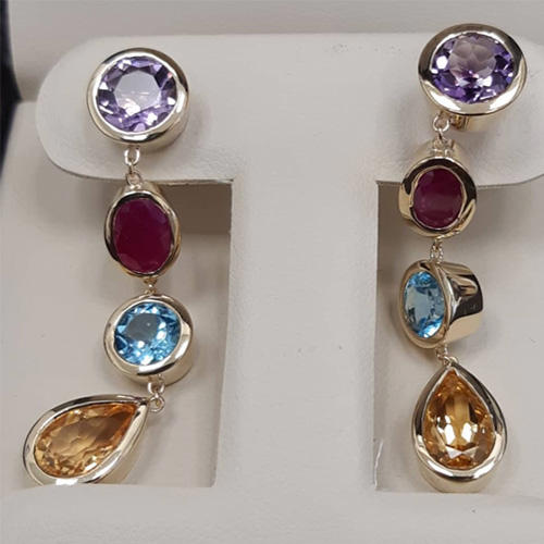 18kt Gold Earrings with Amethyst, Yellow Topaz, Ruby, and Blue Topaz