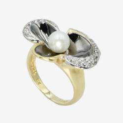 14kt Gold Ladies Ring, Cultured Pearl with Customized Black Rhodium